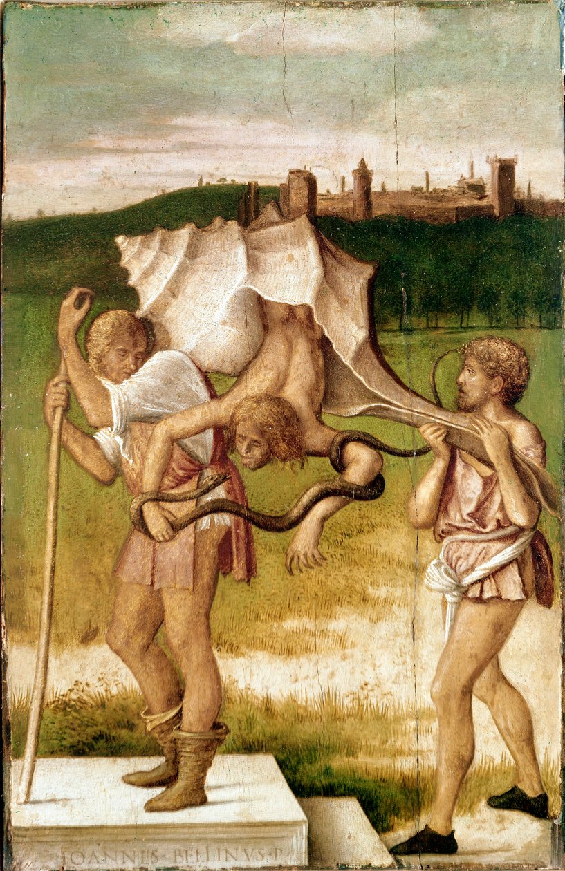 Allegori om medisance eller misundelse En karakter af en kæmpe skal, en slange slynger sig om sin arm, Træmaleri af Giovanni Bellini dit Giambellino (1425/1433-1516) 1480-1490 Venedig, Gallerie dell