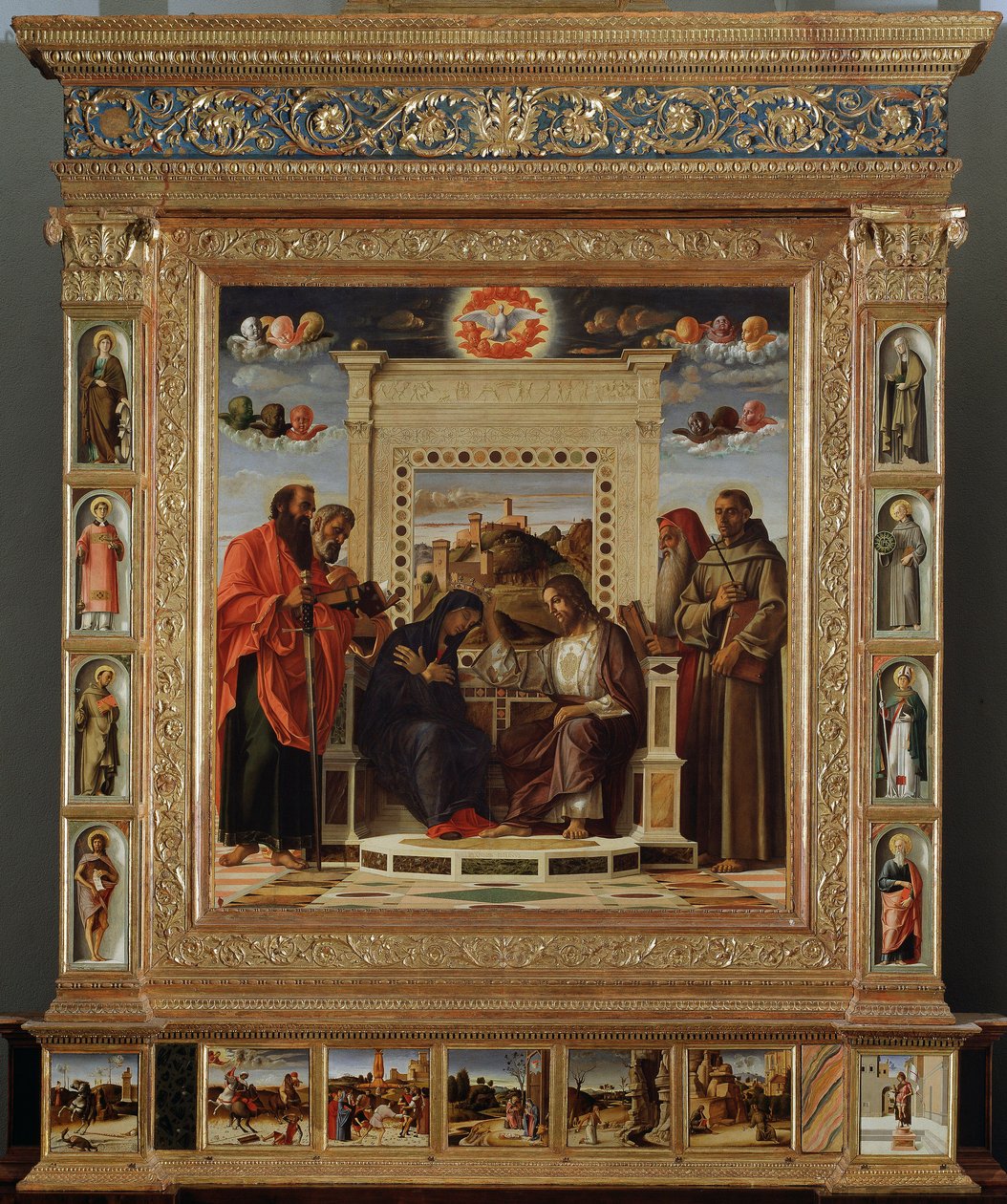 Altertavle Bellini: midterste del "" kroning af Jomfruen mellem Sankt Peter og Sankt Paul (til venstre) og Sankt Hieronymus og Sankt Francois af Assisi (til højre)"" Oliemaleri og remse af Giovanni Bellini (omkring 1432-1516) sagde il Giambellino. 1475 ca. af Giovanni Bellini