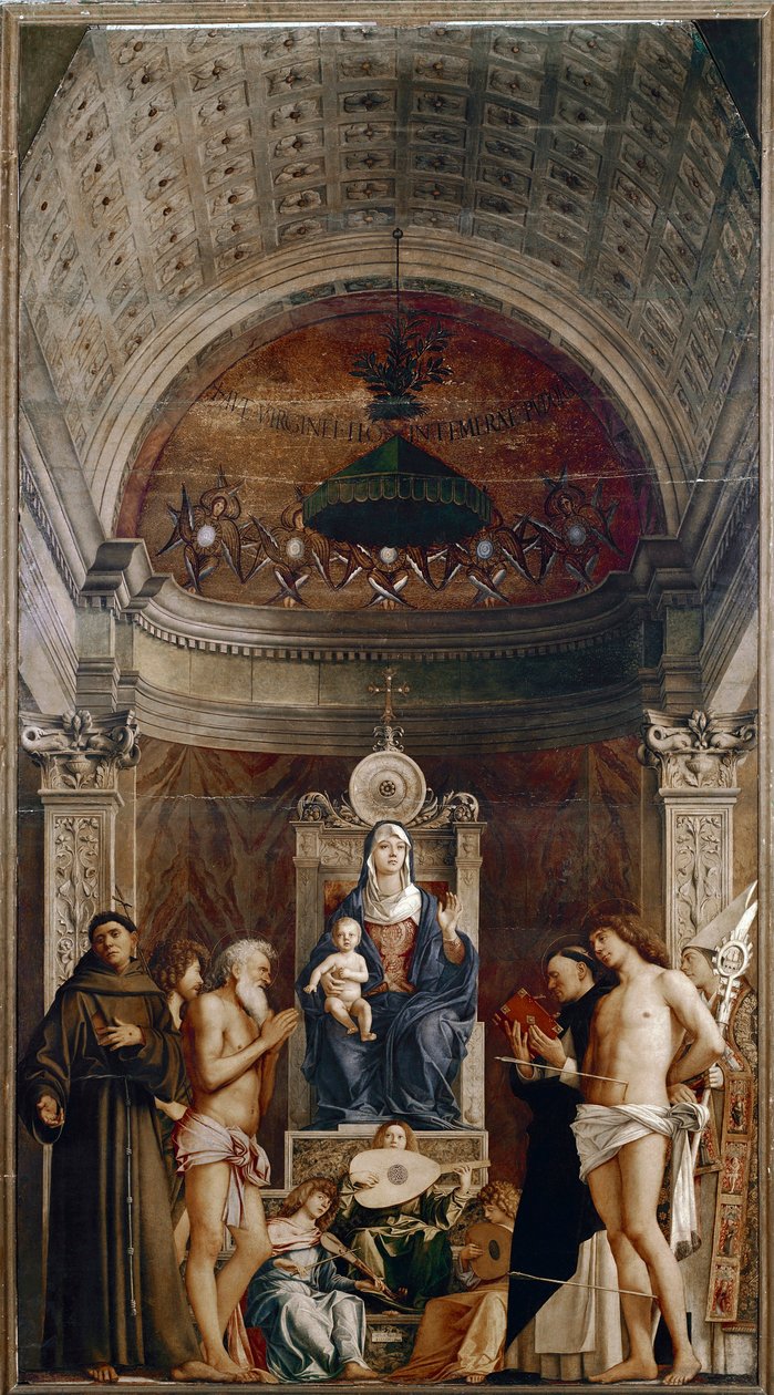 Altertavle af Sankt Job: Jomfru og barn med seks hellige og musikere engle (tempera på panel, ca. 1487) af Giovanni Bellini