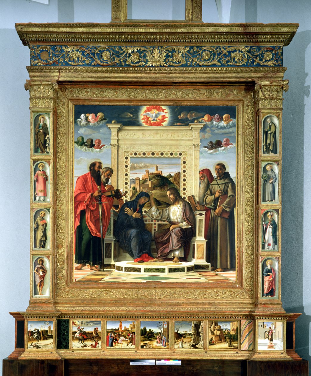 Jomfruens kroning med SS. Paul, Peter, Hieronymus og Frans af Assisi med scener fra de helliges liv i predella-panelet, kendt som Pala di Pesaro-altertavlen, ca. 1474 (olie på panel) af Giovanni Bellini