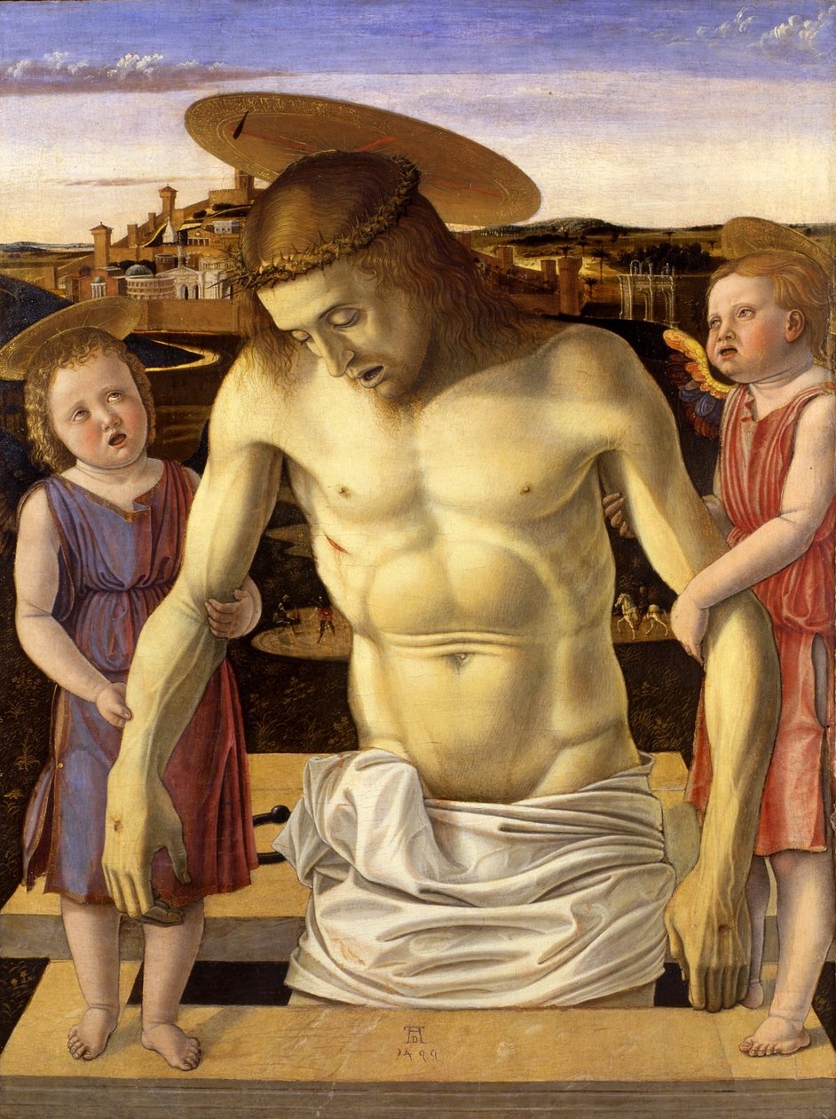 Italiensk:  Cristo morto sorretto da due angeli Død Kristus støttet af to engle af Giovanni Bellini