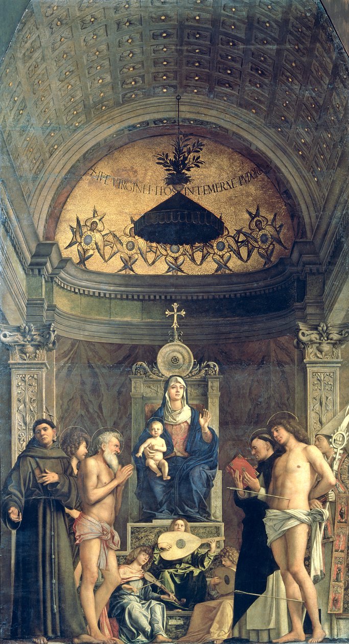 Madonna og barn troner mellem SS. Frans, Johannes Døberen, Job, Dominic, Sebastian og Louis (San Giobbe-altertavlen) ca. 1487 (for detaljer se 61101 og 276359) af Giovanni Bellini