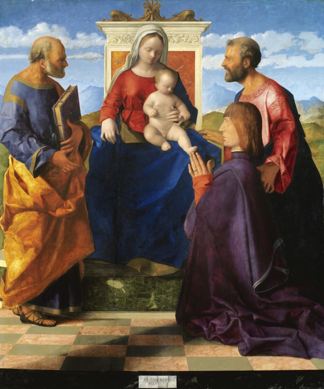 Madonna og barnet troner med helgener og donator af Giovanni Bellini