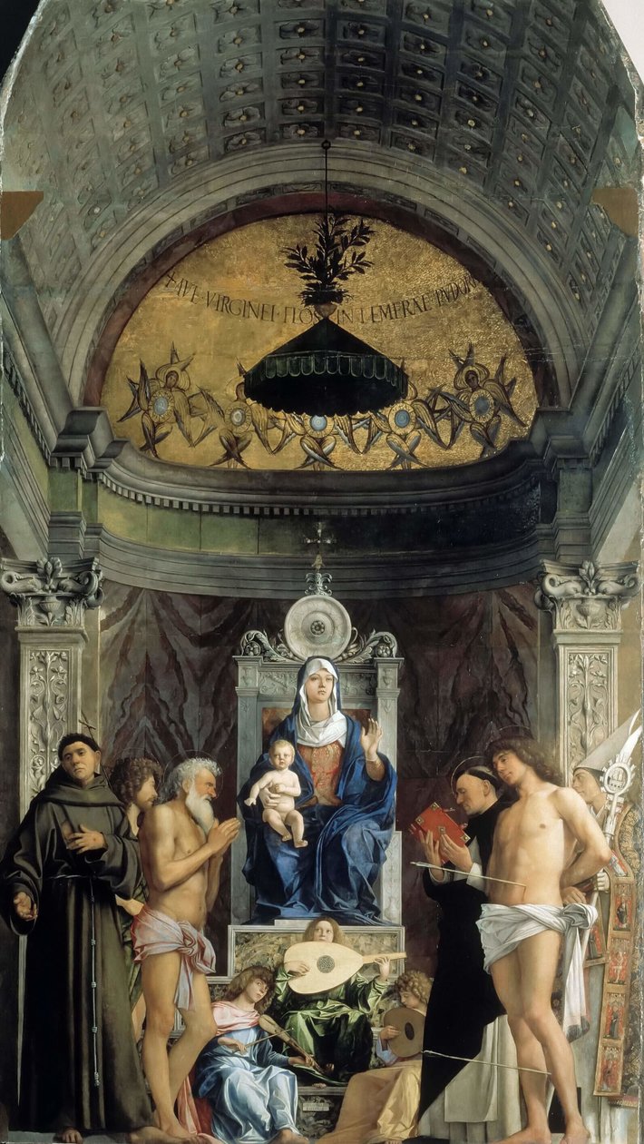 Madonna og barn, musikalske engle og de hellige Frans, Johannes Døberen, Job, Dominic..., ca 1487 af Giovanni Bellini