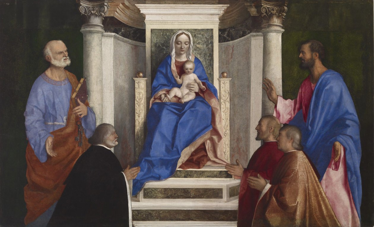 Madonna og barn med de hellige Peter og Mark og tre venetianske prokuratorer, 1510 af Giovanni Bellini