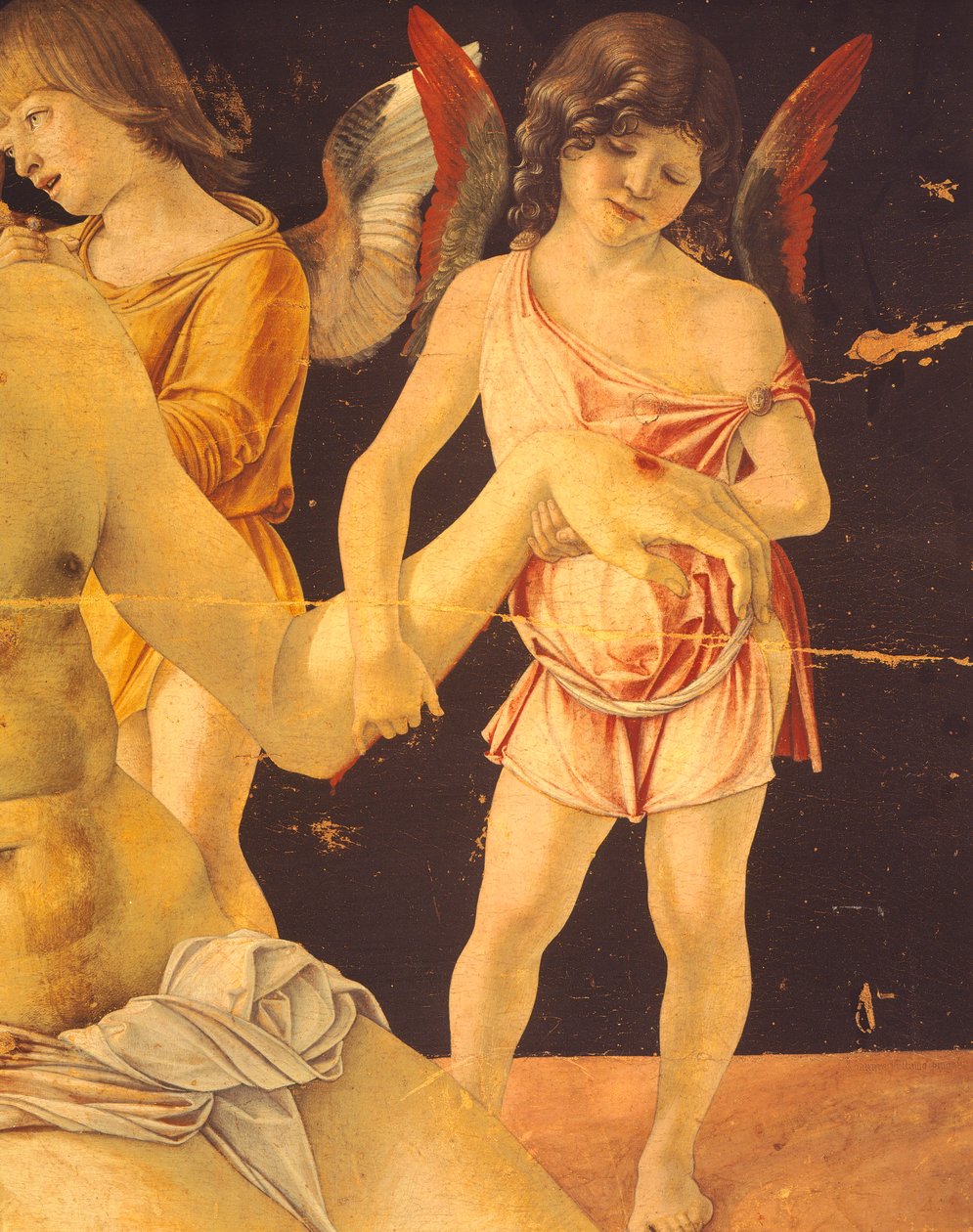 Pieta or Dead Christ Supported by Angels, ca 1474, af Giovanni Bellini (1431-36 - 1516), tempera på panel, 91x131 cm. Detalje. af Giovanni Bellini