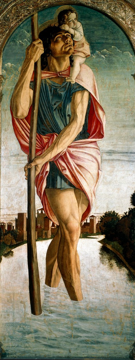 Polyptic of Saint Vincent Ferrier (Vicent Ferrer, Vicente Ferrer) (1350-1419): "" Saint Christopher "" "Panel til venstre. Maleri på træ af Giovanni Bellini (ca. 1432-1516) dit il Giambellino 1464-1468 Søn. 167x67 cm Venedig, Santi Giovanni e P-kirken af Giovanni Bellini