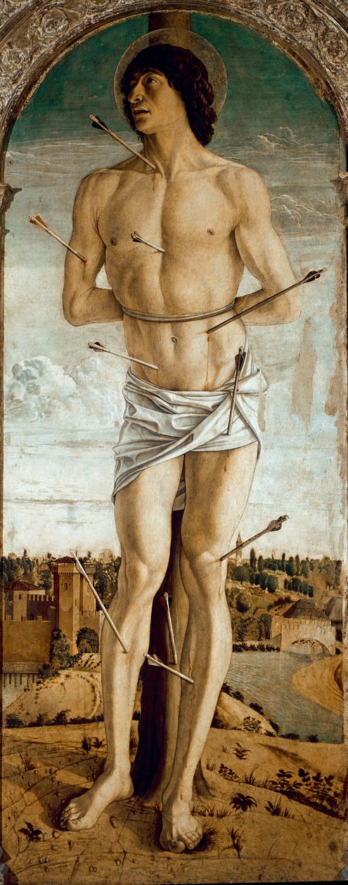 Polyptych of Saint Vincent Ferrier: Saint Sebastian (Polyptych of Saint Vincent Ferrer: Saint Sebastian) Maleri af Giovanni Bellini dit il Giambellino (ca. 1432-1516) 1464-1468 Dim 167x67 cm Venedig Church of Santi Giovanni e Paolo af Giovanni Bellini
