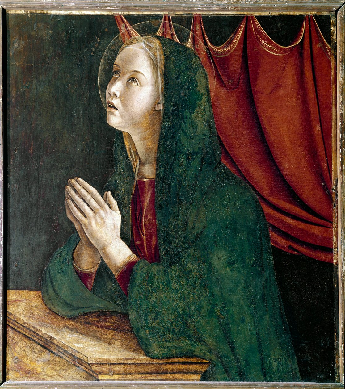 Polyptykon af Saint Vincent Ferrier: Jomfru af bebudelsen (Polyptych of St Vincent Ferrer: Virgin of the Annunciation) Maleri af Giovanni Bellini dit il Giambellino (ca. 1432-1516) 1464-1468 Dim 72x67 cm Venedig kirken Paolo Giovanni af Giovanni Bellini