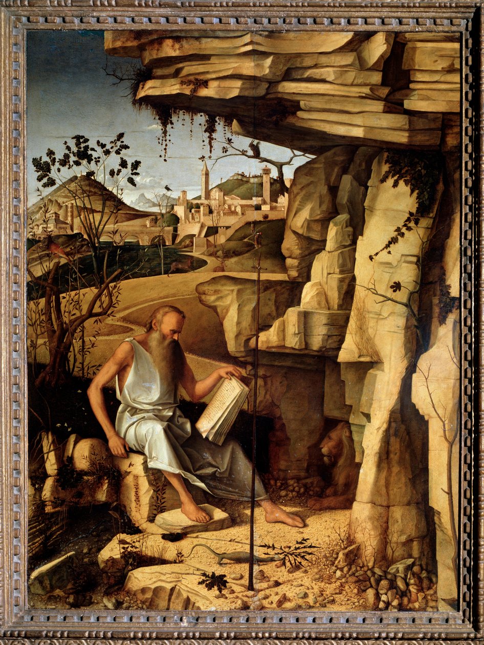 Sankt Hieronymus i ørkenen Maleri af Giovanni Bellini dit il Giambellino (ca. 1430-1516) 1479 Dim 145x114 cm Palazzo Pitti Florence af Giovanni Bellini