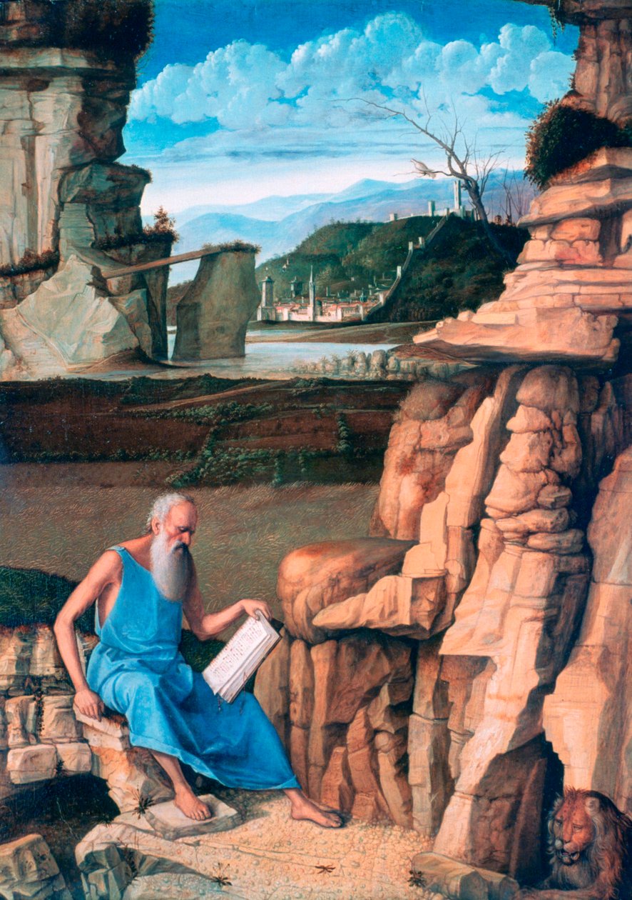 Sankt Hieronymus læser i et landskab, c1480-1485 af Giovanni Bellini