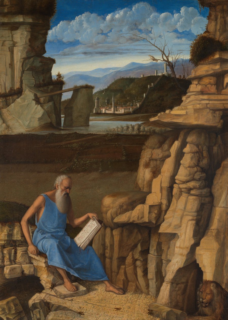 Sankt Hieronymus læser i et landskab, ca. 1480-5 (olie på træ) af Giovanni Bellini