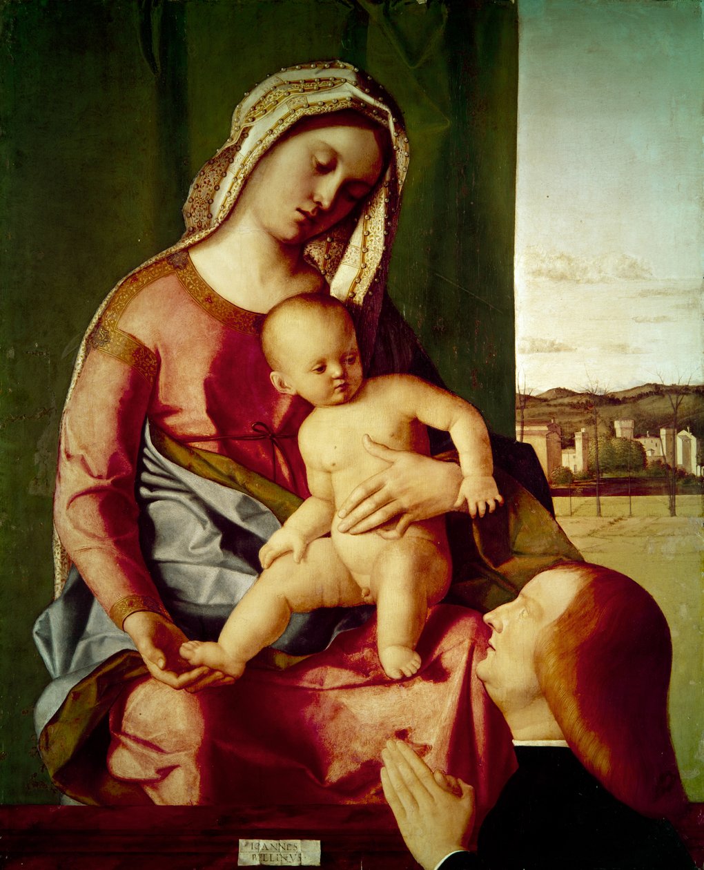 Madonna og barnet med en donor (på panel) af Giovanni Bellini