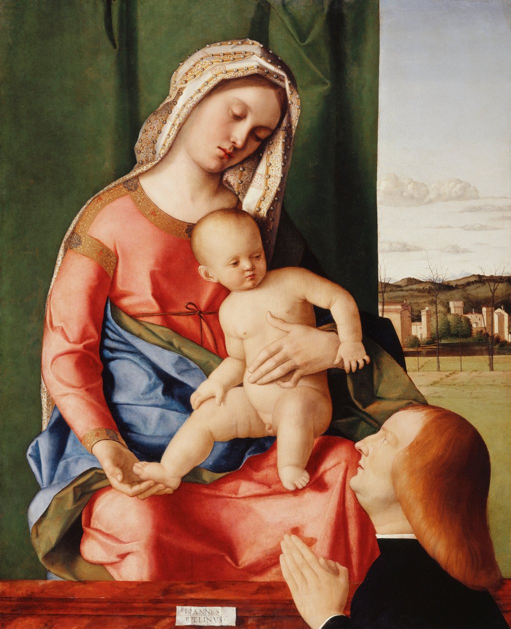 Madonnaen og barnet med en mandlig donor, et landskab hinsides, af Giovanni Bellini