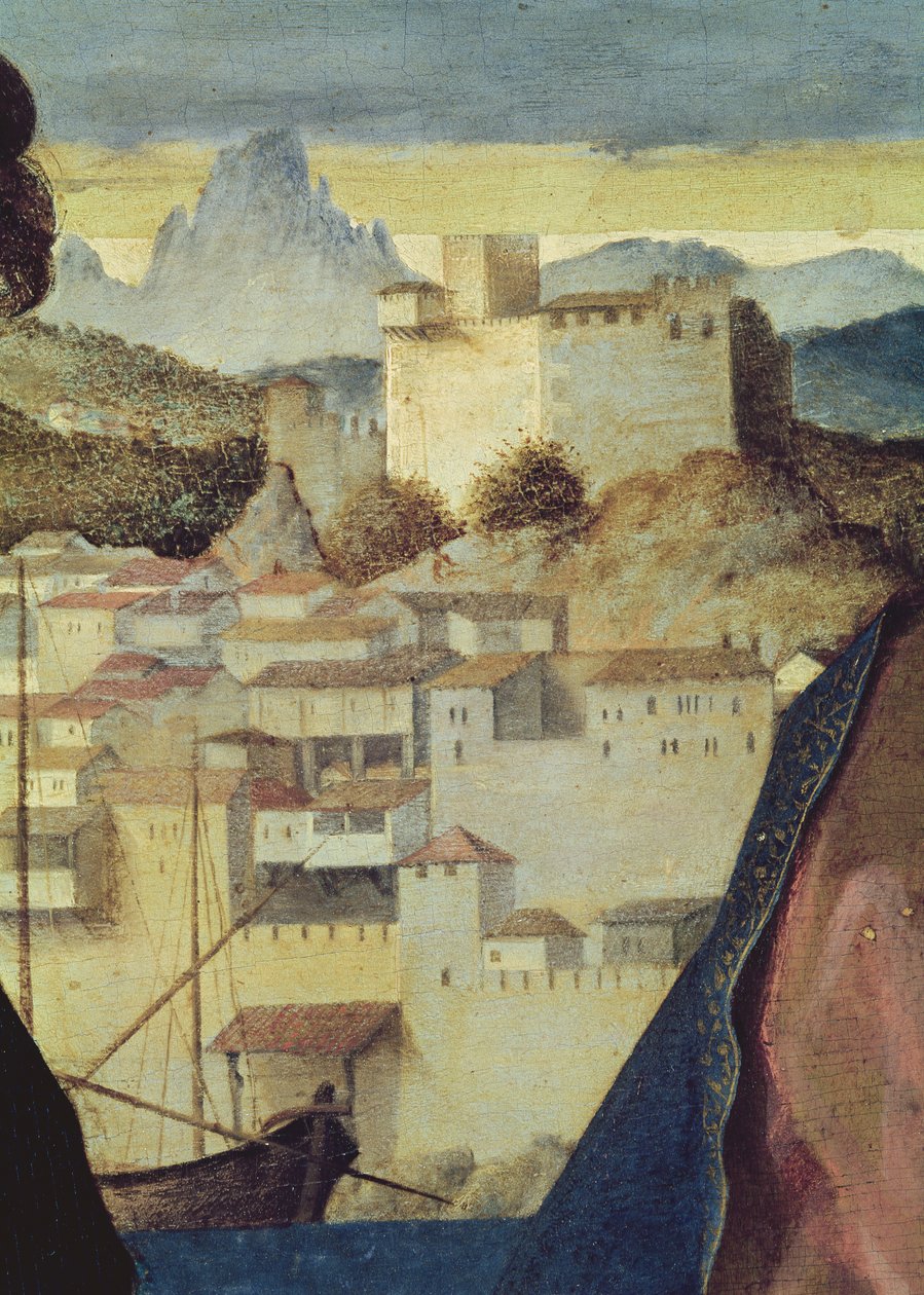 Jomfru og barn mellem Johannes Døberen og en kvindelig helgen, detalje af landskabet bagved, ca. 1504 (detalje fra 161539) af Giovanni Bellini