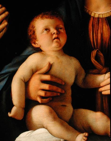 Jomfru og barn med St. Catherine og Mary Magdalene, ca. 1500 (olie på panel) (detaljer) af Giovanni Bellini