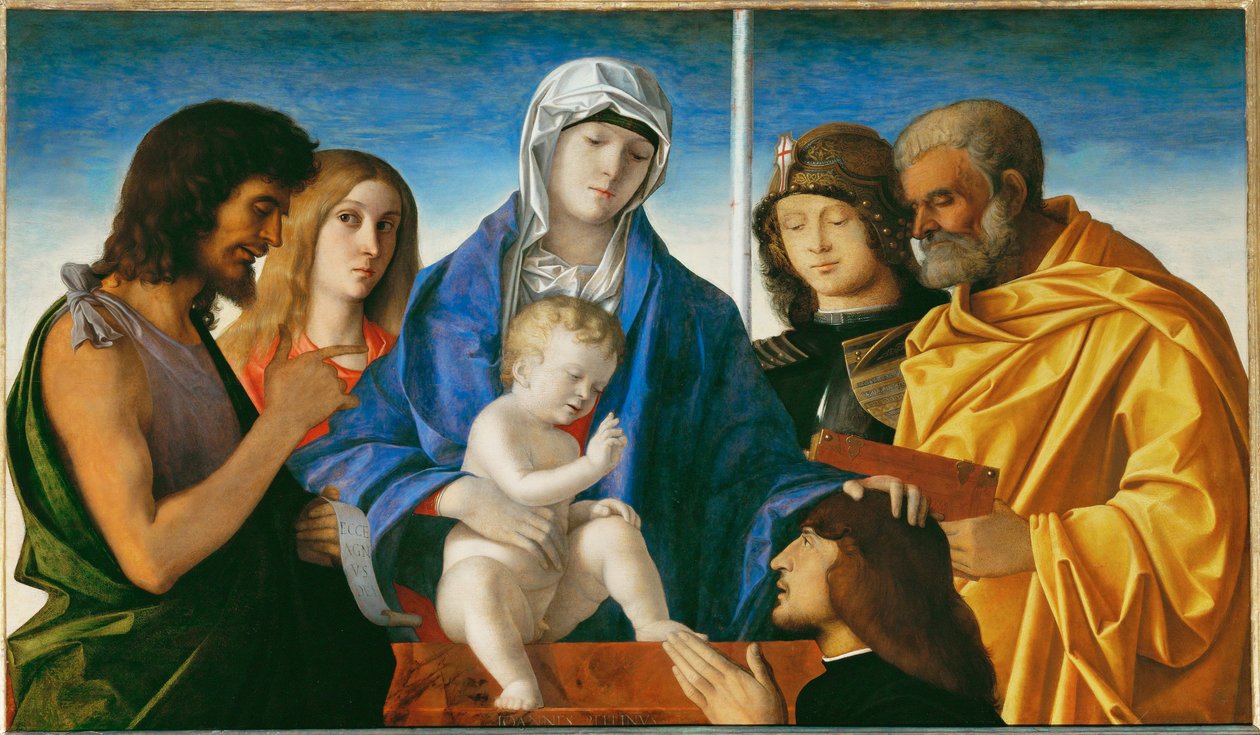 Jomfru og barn med helgenerne Johannes Døberen, Magdalena, Georg og Peter ... af Giovanni Bellini