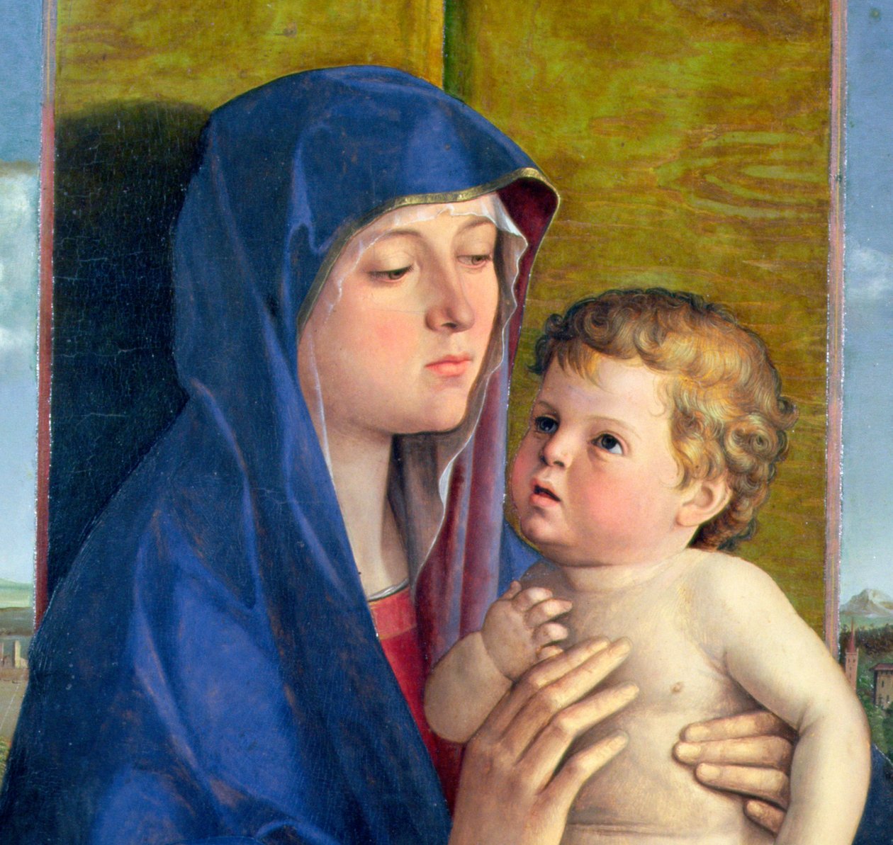 Virgin of the Pear olie på paneldetalje af 76900 af Giovanni Bellini