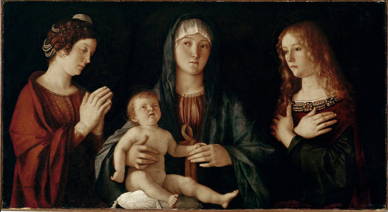 Jomfru med barn med den hellige Katarina og den hellige Maria Magdalena (tempera på panelet af Giovanni Bellini