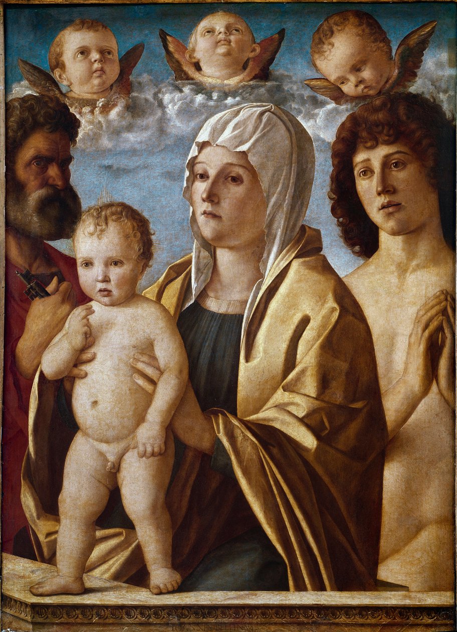 Jomfru med barn med St. Peter og St. Sebastian (tempera på panel af Giovanni Bellini
