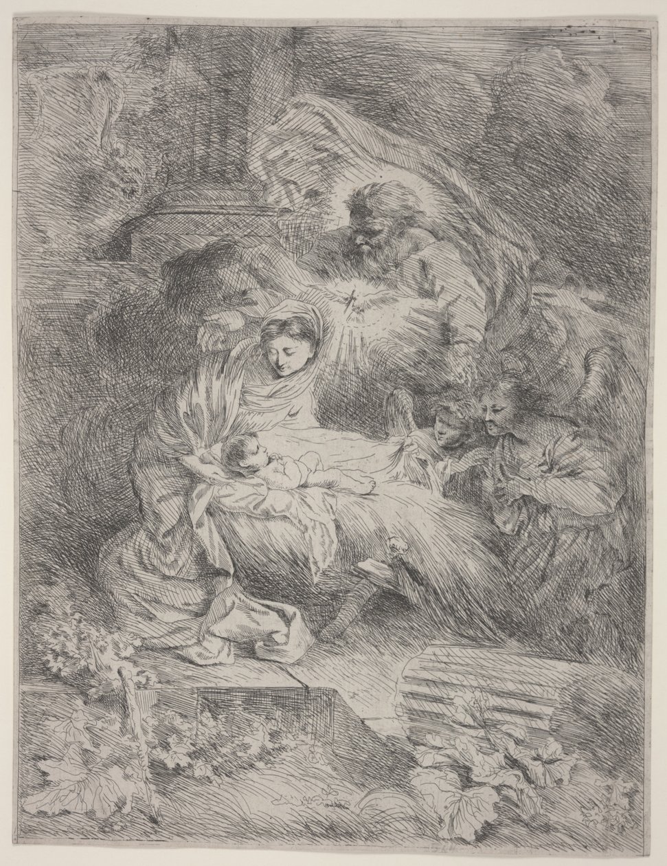Fødselen med Gud Faderen, Helligåndens Due og Engle, ca. 1645 (radering) af Giovanni Benedetto Castiglione
