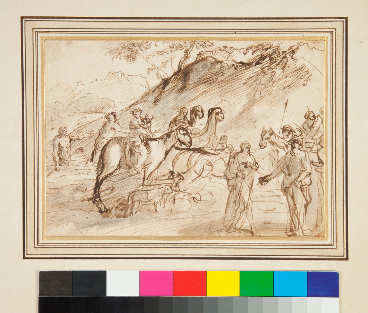 Et møde mellem to mænd, heste og kameler i baggrunden (pen og brunt blæk og grå vask) af Giovanni Benedetto Castiglione