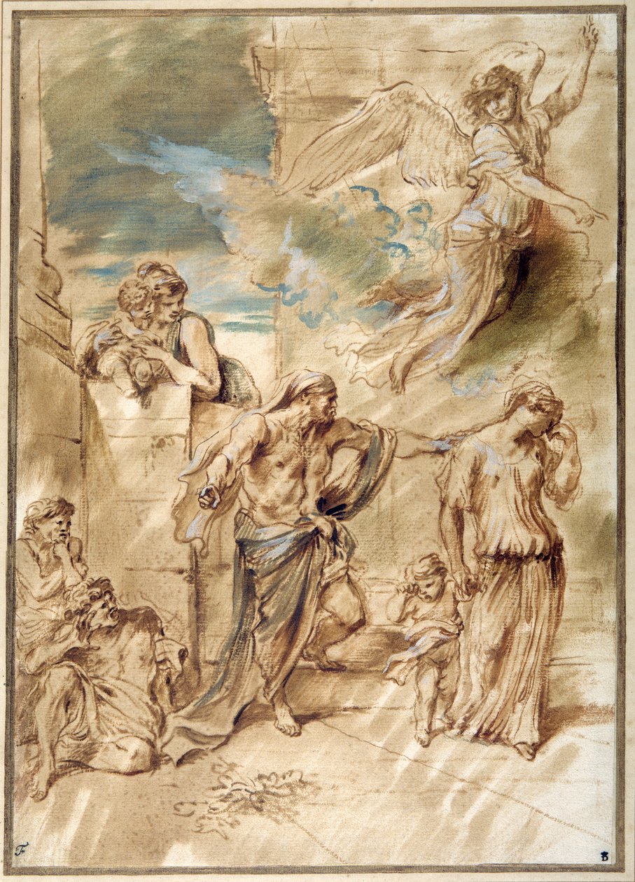 The Expulsion of Hagar (pen & blæk med vask & gouache på papir) af Giovanni Benedetto Castiglione