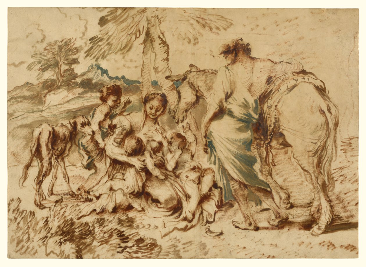 Eine Familie in einer Wüstenlandschaft af Giovanni Benedetto Castiglione