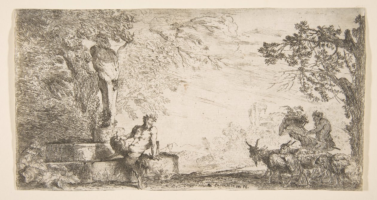 En satyr tilbagelænet ved foden af en statue af Priapus, geder til højre, ca. 1645-48. af Giovanni Benedetto Castiglione