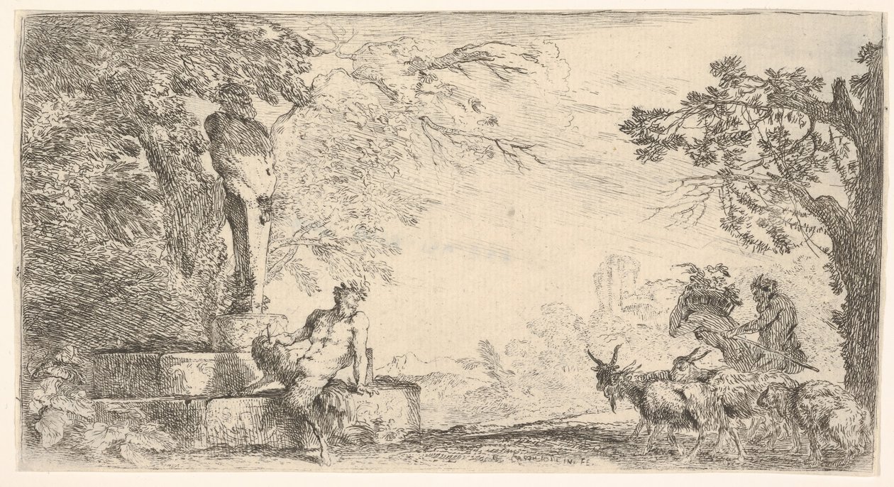 En satyr tilbagelænet ved foden af en statue af Priapus, geder til højre, ca. 1645-48. af Giovanni Benedetto Castiglione
