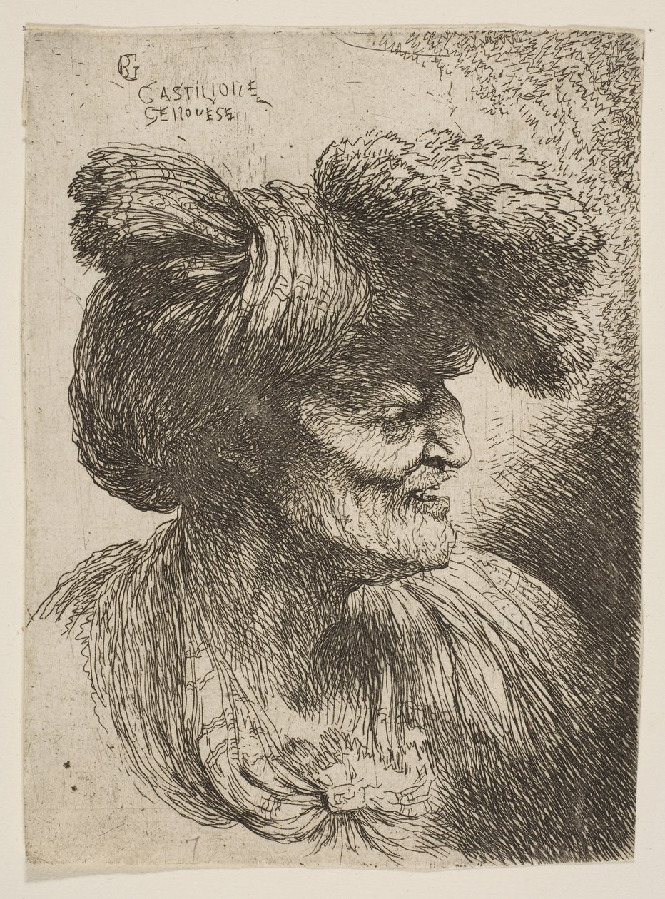 Buste af skægløs gammel mand i profil mod højre, fra serien af Small Head..., ca. 1645-1650. af Giovanni Benedetto Castiglione