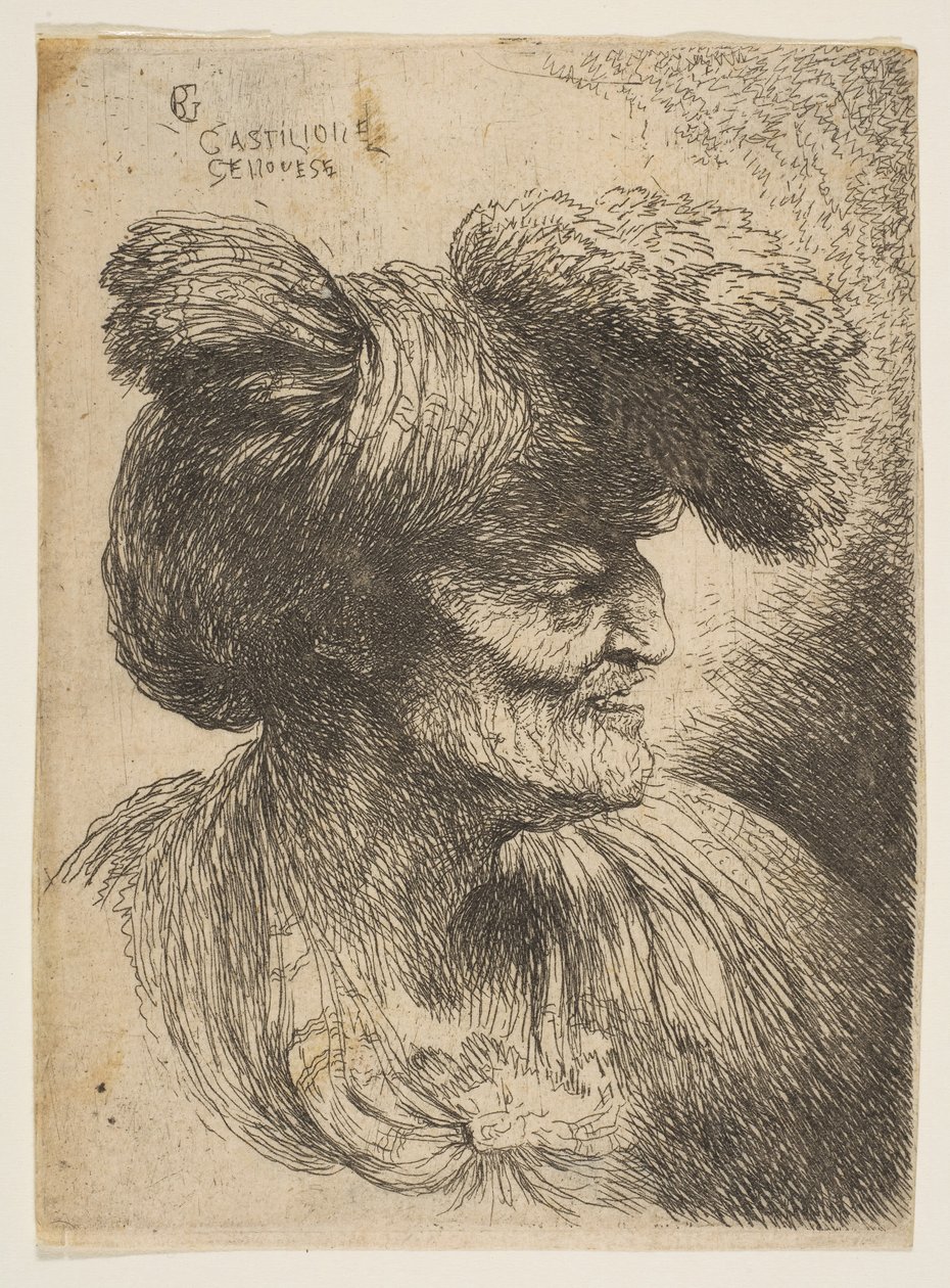 Buste af skægløs gammel mand i profil mod højre, fra serien af små hoveder ..., ca. 1645-50. af Giovanni Benedetto Castiglione
