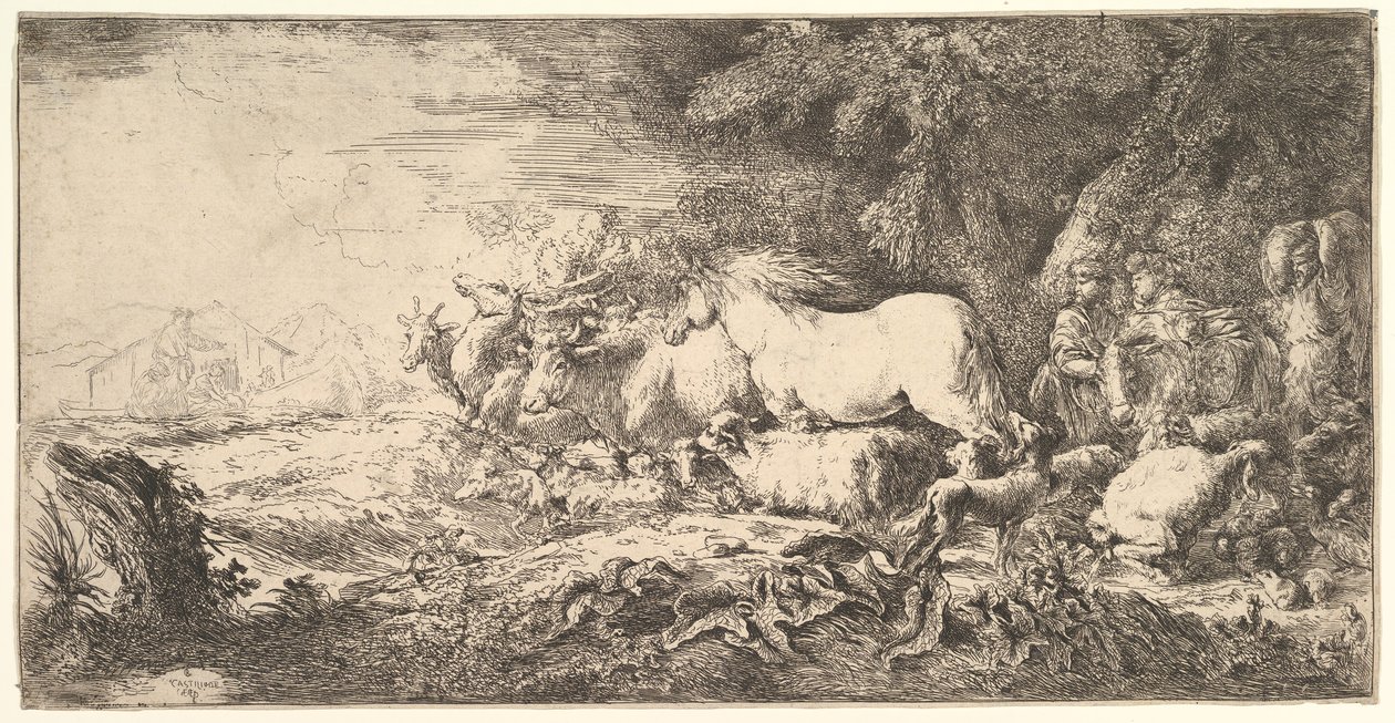 Dyrenes indtræden i Noahs ark, tre mænd følger firbenede og fugle stride..., ca. 1650-55. af Giovanni Benedetto Castiglione