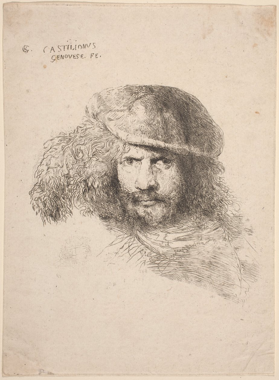 Hoved af en ung mand i en fjerhat (såkaldt selvportræt) af Giovanni Benedetto Castiglione