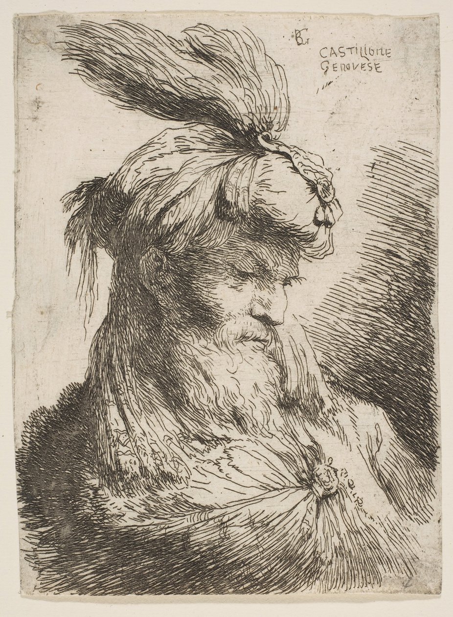 Hoved af en skægget mand med turban mod højre, fra serien af små hoveder..., ca. 1645-1650. af Giovanni Benedetto Castiglione