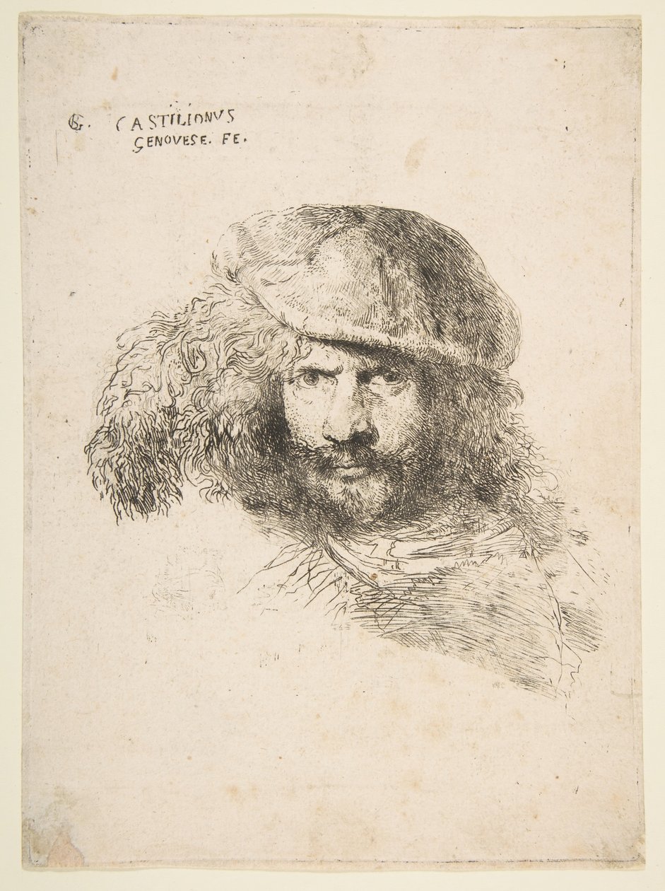 Hovedet på en mand iført en fjerbeklædt kasket muligvis Bernini, muligvis et selvportræt..., ca. 1645-1650. af Giovanni Benedetto Castiglione