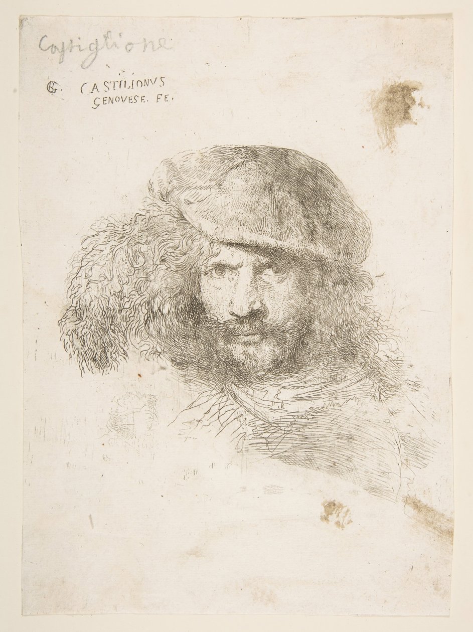 Head of a man wearing a feathered cap possibly Bernini, possibly a self portrait ..., ca. 1645-1650. dani af Giovanni Benedetto Castiglione