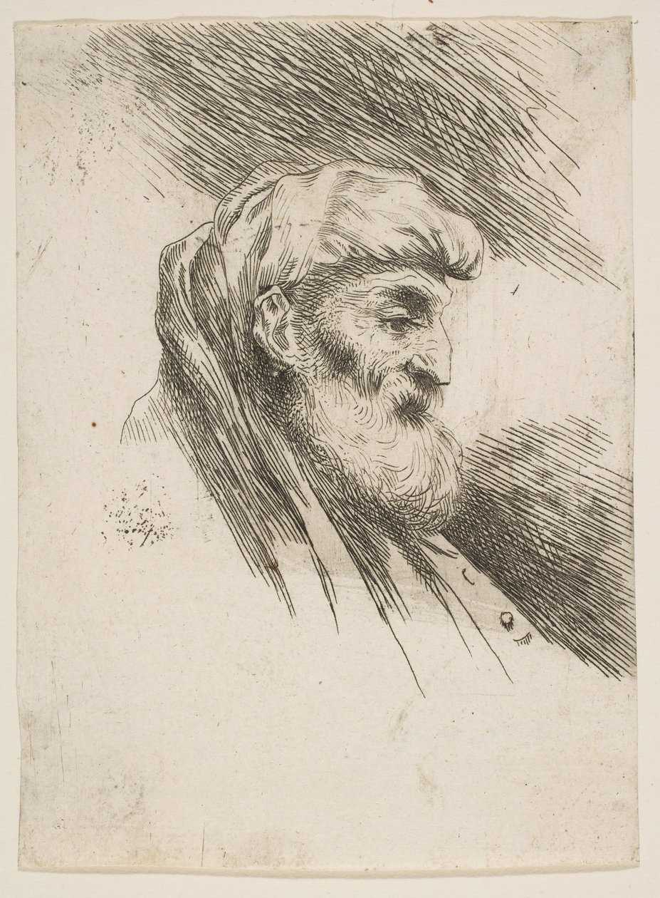 Hovedet af en gammel skægget mand vendt mod højre, fra serien af Small Heads in Orien..., ca. 1645-1650. af Giovanni Benedetto Castiglione