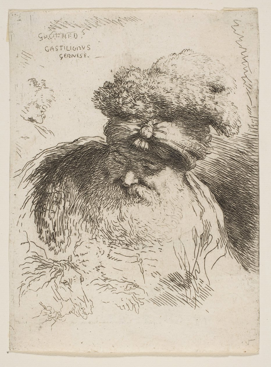 Hoved af en gammel skægget mand med turban, fra serien af Small Heads in Orie..., ca. 1645-1650. af Giovanni Benedetto Castiglione