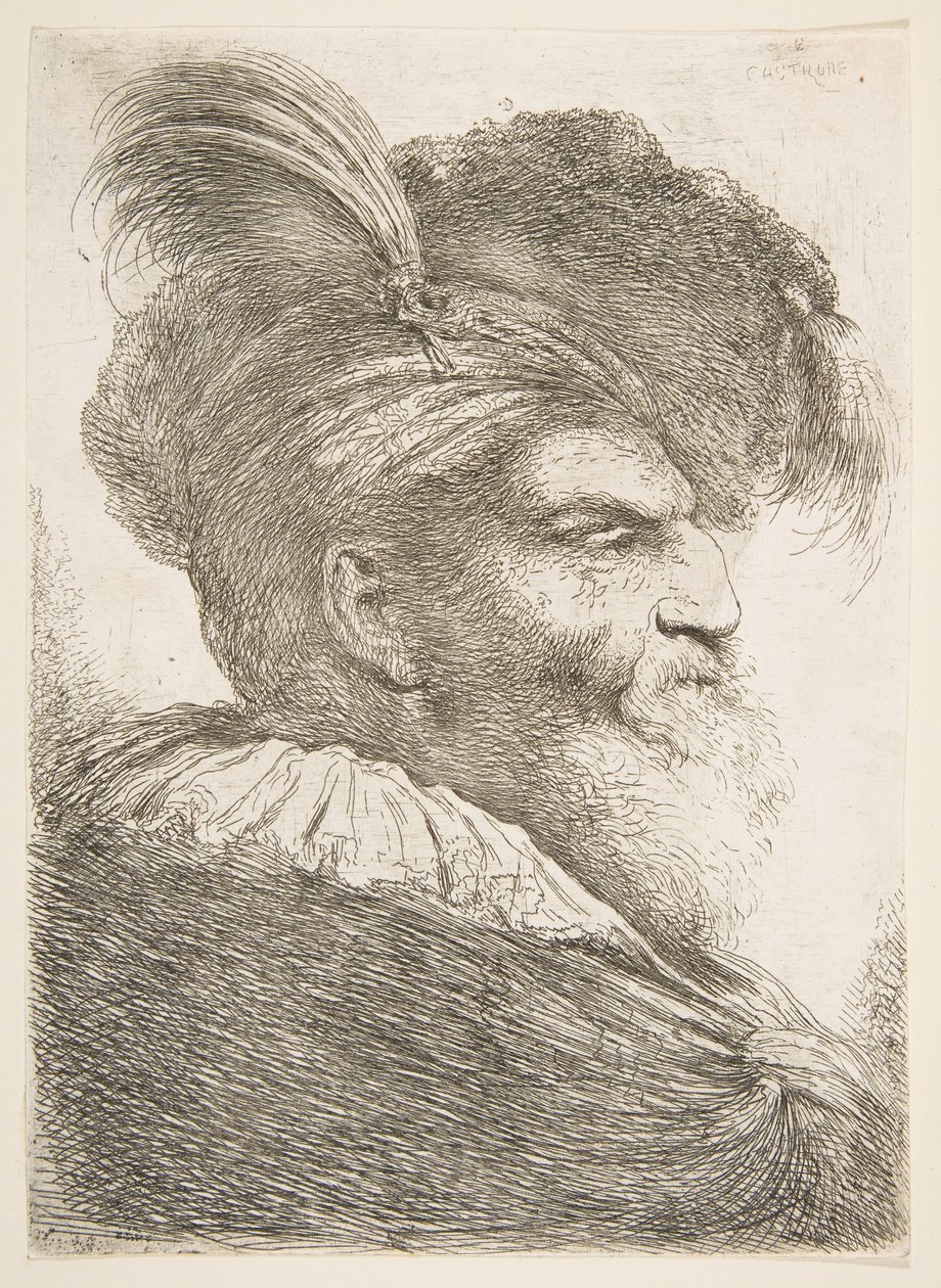 Hovedet af en gammel mand, der vender mod højre, fra serien af store orientalske hoveder, ca. 1645-1650. af Giovanni Benedetto Castiglione