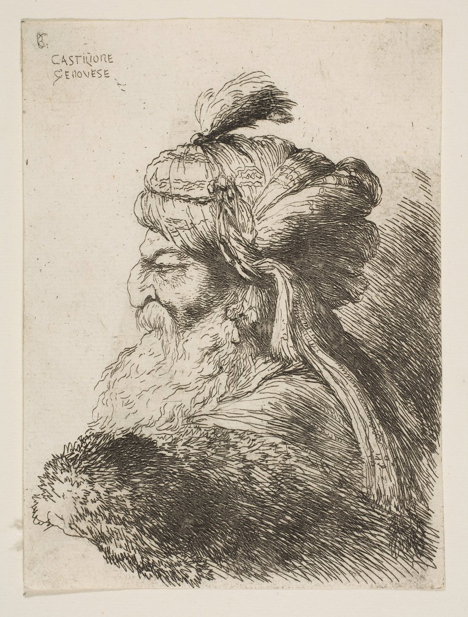Hoved af en gammel mand med en turban til venstre, fra serien af Små hoveder i ..., ca. 1645-1650. af Giovanni Benedetto Castiglione