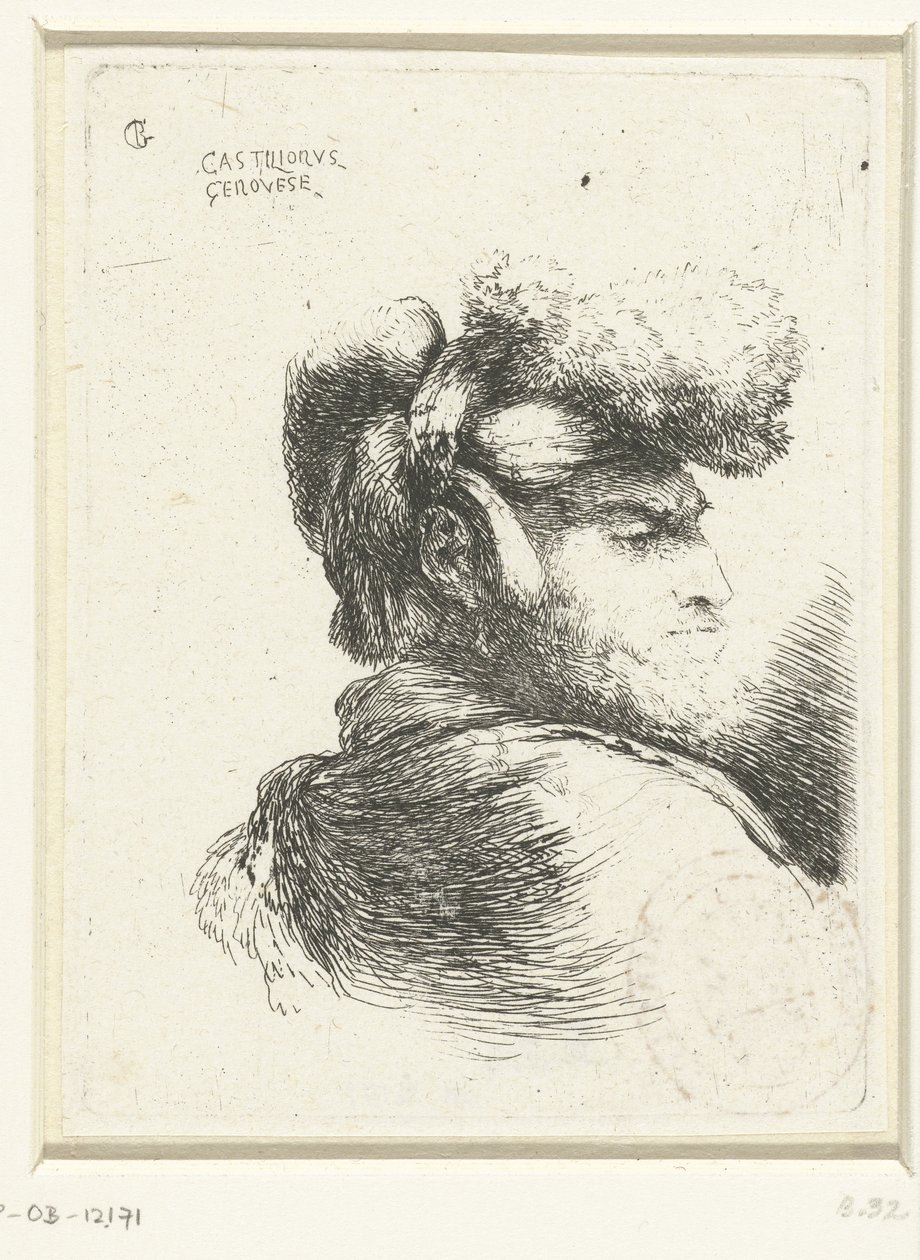 Hovedet af en mand med en hat trimmet med pels Lille undersøgelse af hoveder med orientalsk hovedbeklædning (serietitel) af Giovanni Benedetto Castiglione