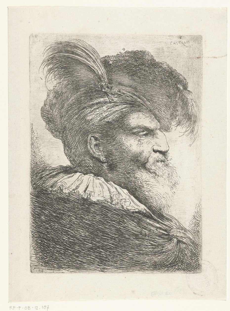 Hoved af en mand med turban og pelshat Stor undersøgelse af hoveder med orientalsk hovedbeklædning (serietitel) af Giovanni Benedetto Castiglione