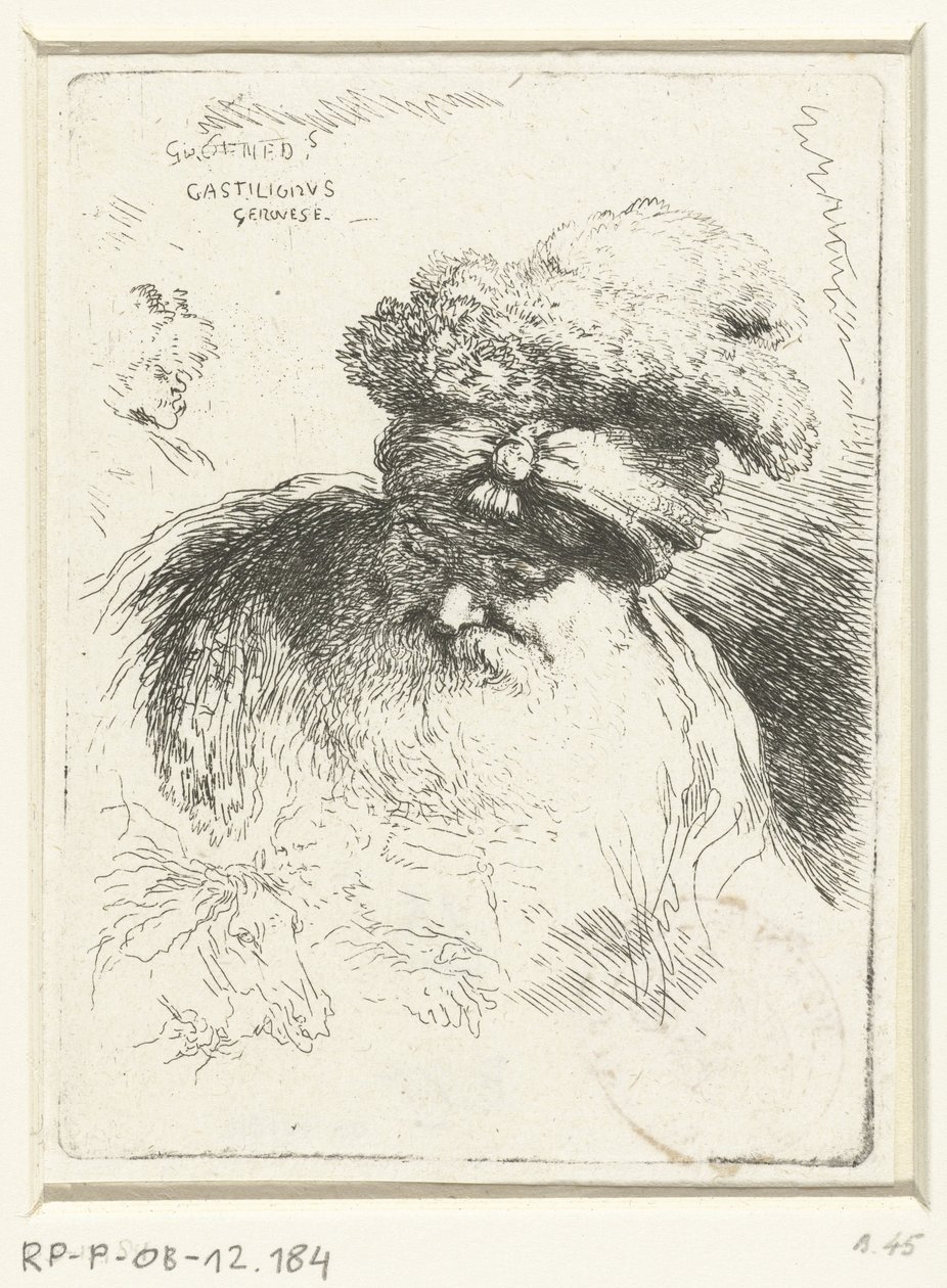 Hovedet af en gammel mand med en hat Lille undersøgelse af hoveder med orientalsk hovedbeklædning (serietitel) af Giovanni Benedetto Castiglione