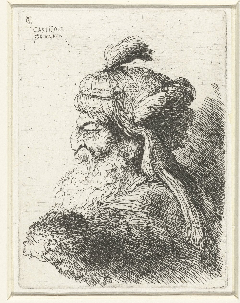 Hoved af en gammel mand med en turban Lille undersøgelse af hoveder med orientalsk hovedbeklædning (serietitel) af Giovanni Benedetto Castiglione