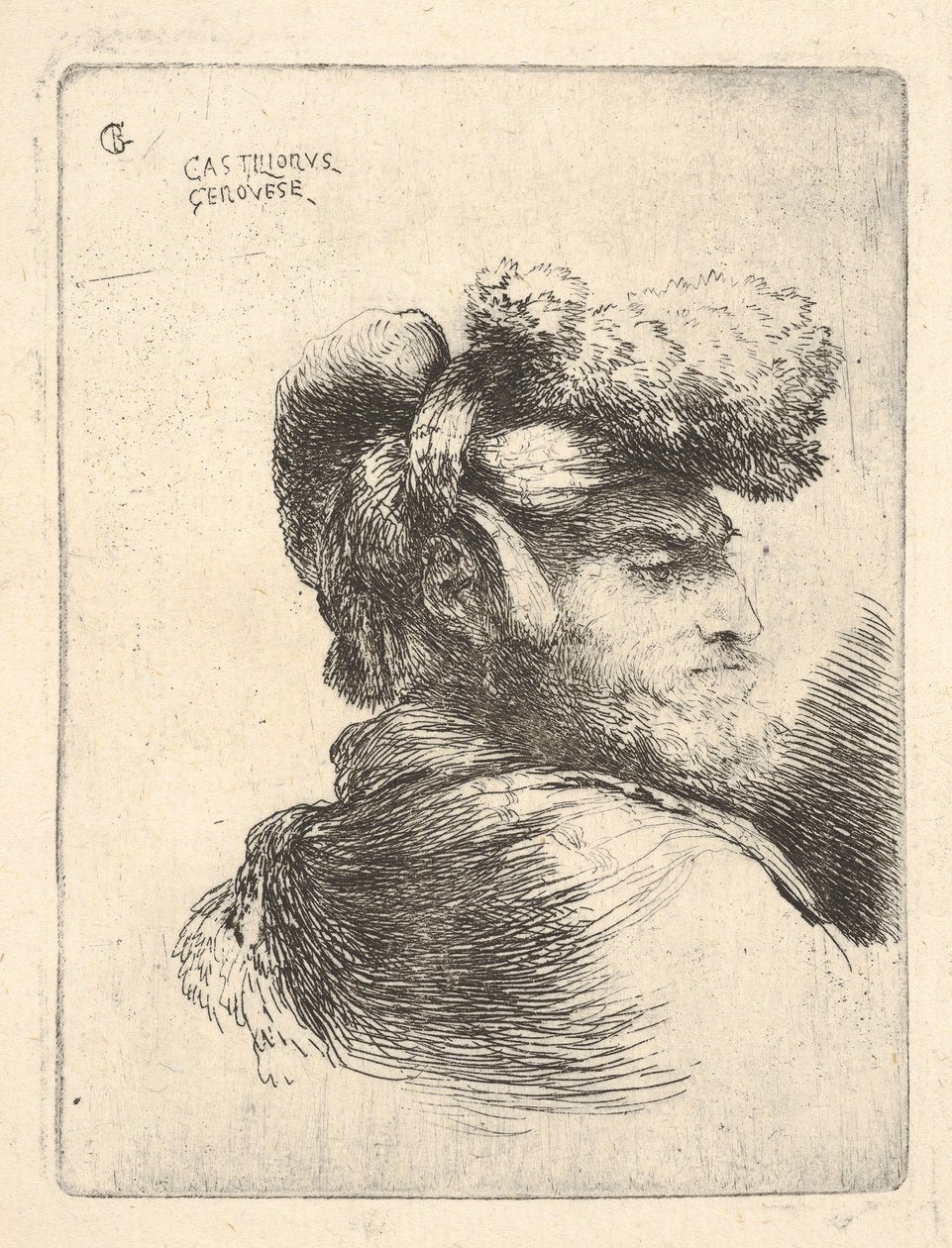 Mand i profil vendt mod højre, iført pelshat, fra serie af Small Heads i Or..., ca. 1645-1650. af Giovanni Benedetto Castiglione