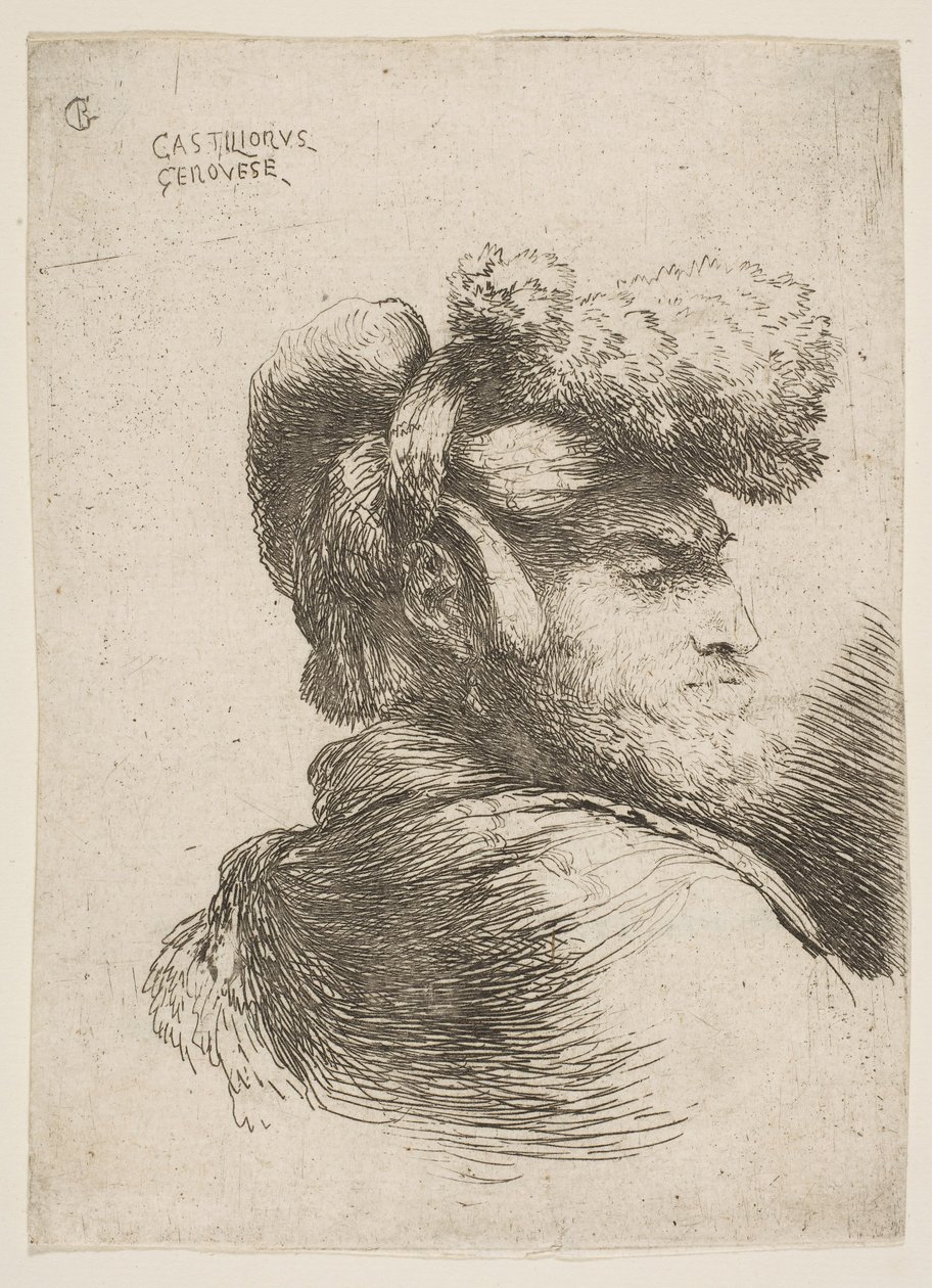 Mand i profil vendt mod højre, iført pelshat, fra serie af Small Heads i Or..., ca. 1645-1650. af Giovanni Benedetto Castiglione