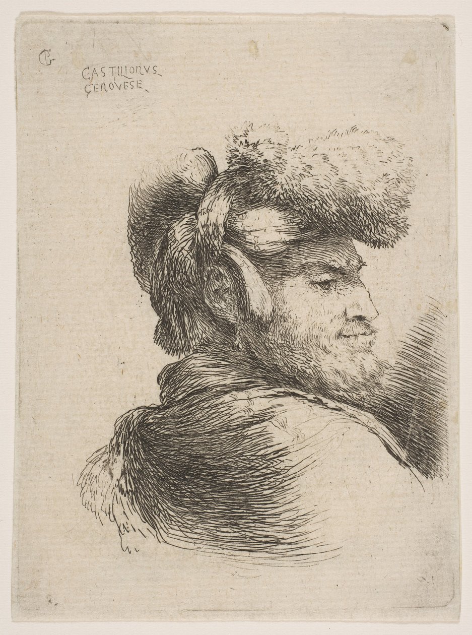 Mand i profil mod højre, iført pelshat, fra serie af Small Heads i Orie..., ca. 1645-50. af Giovanni Benedetto Castiglione