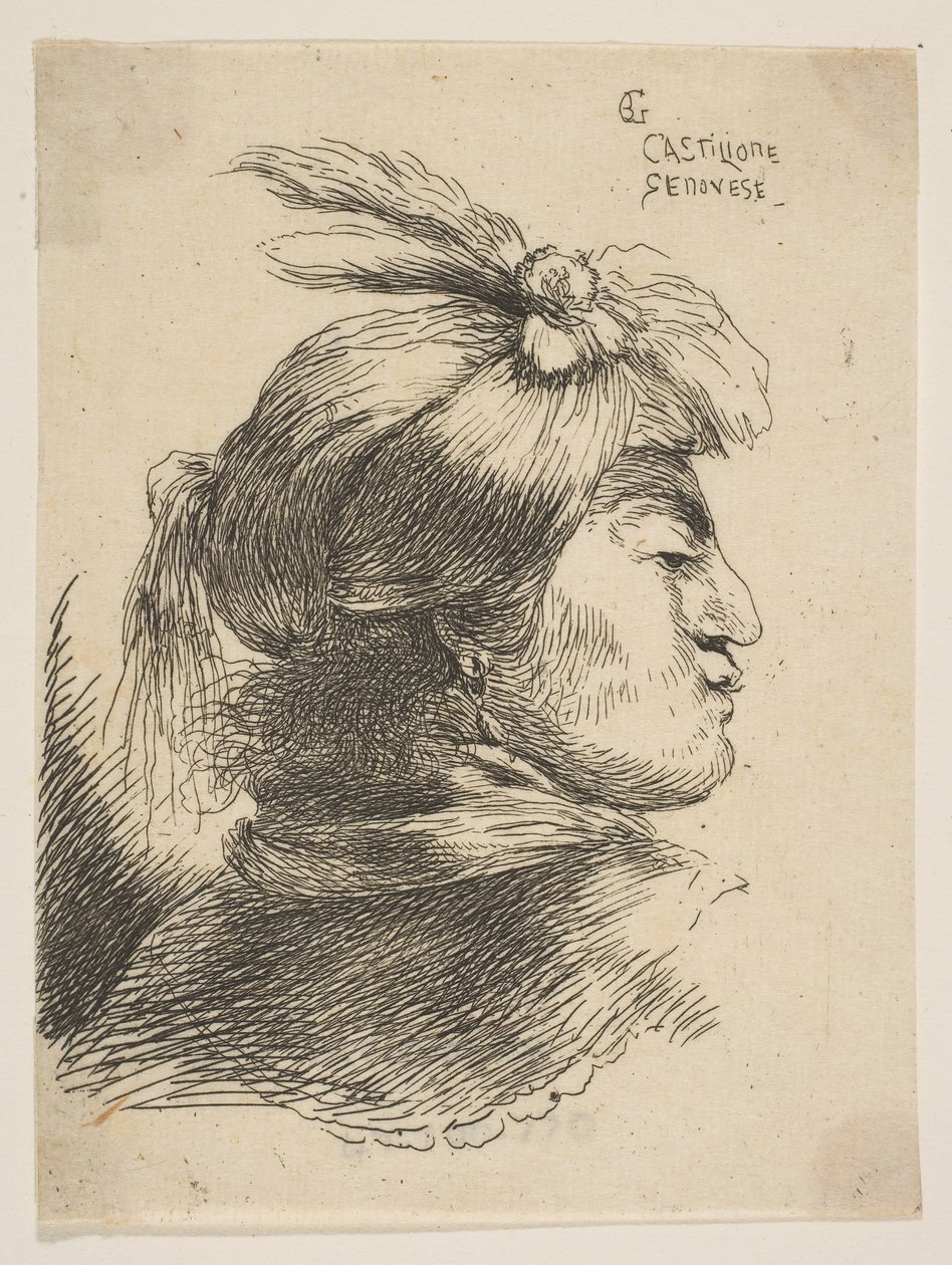 Mand iført en lille turban Oonamenteret med faner og bånd, højrevendt, fra ..., ca. 1645-1650. af Giovanni Benedetto Castiglione
