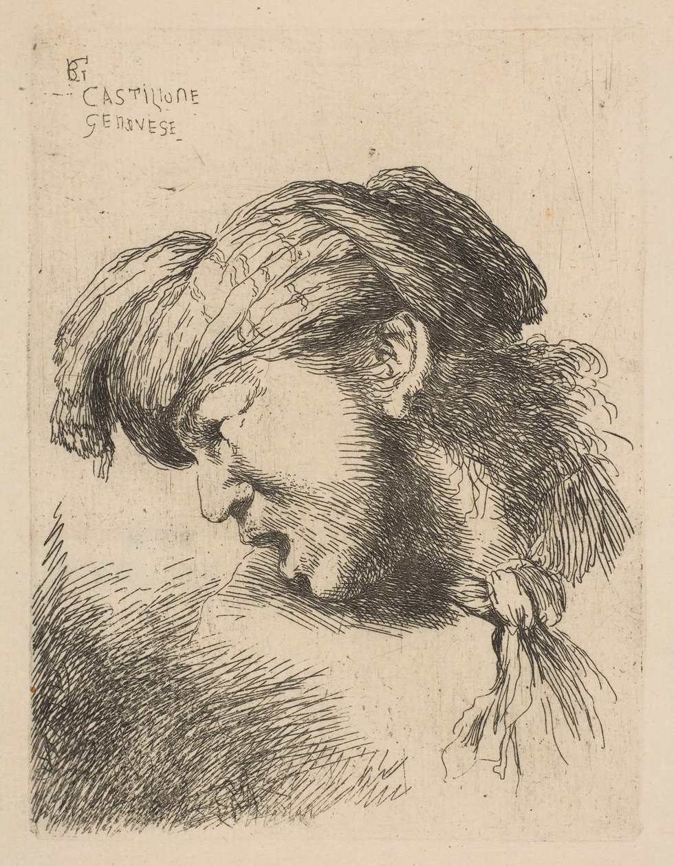 Mand iført turban, et slips fastgjort om halsen, vendt mod venstre, fra serien ..., ca. 1645-50. af Giovanni Benedetto Castiglione